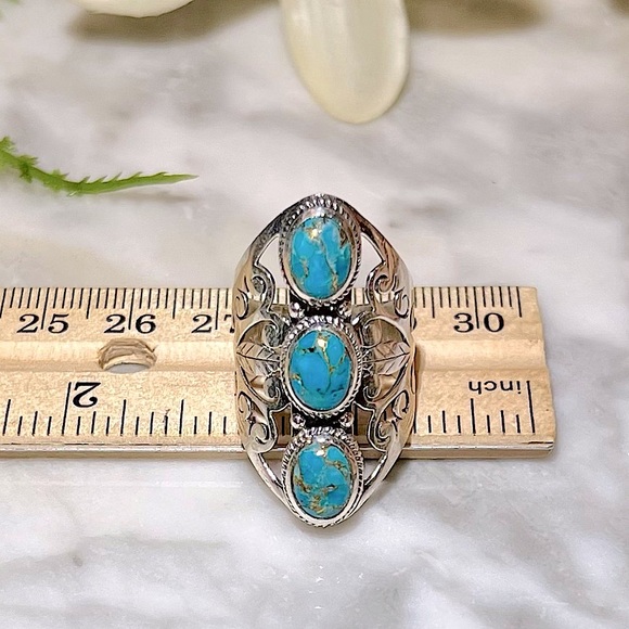 Vintage Handmade Genuine Turquoise Ring Solid 925 Sterling Silver Filigree Ring - Picture 7 of 15
